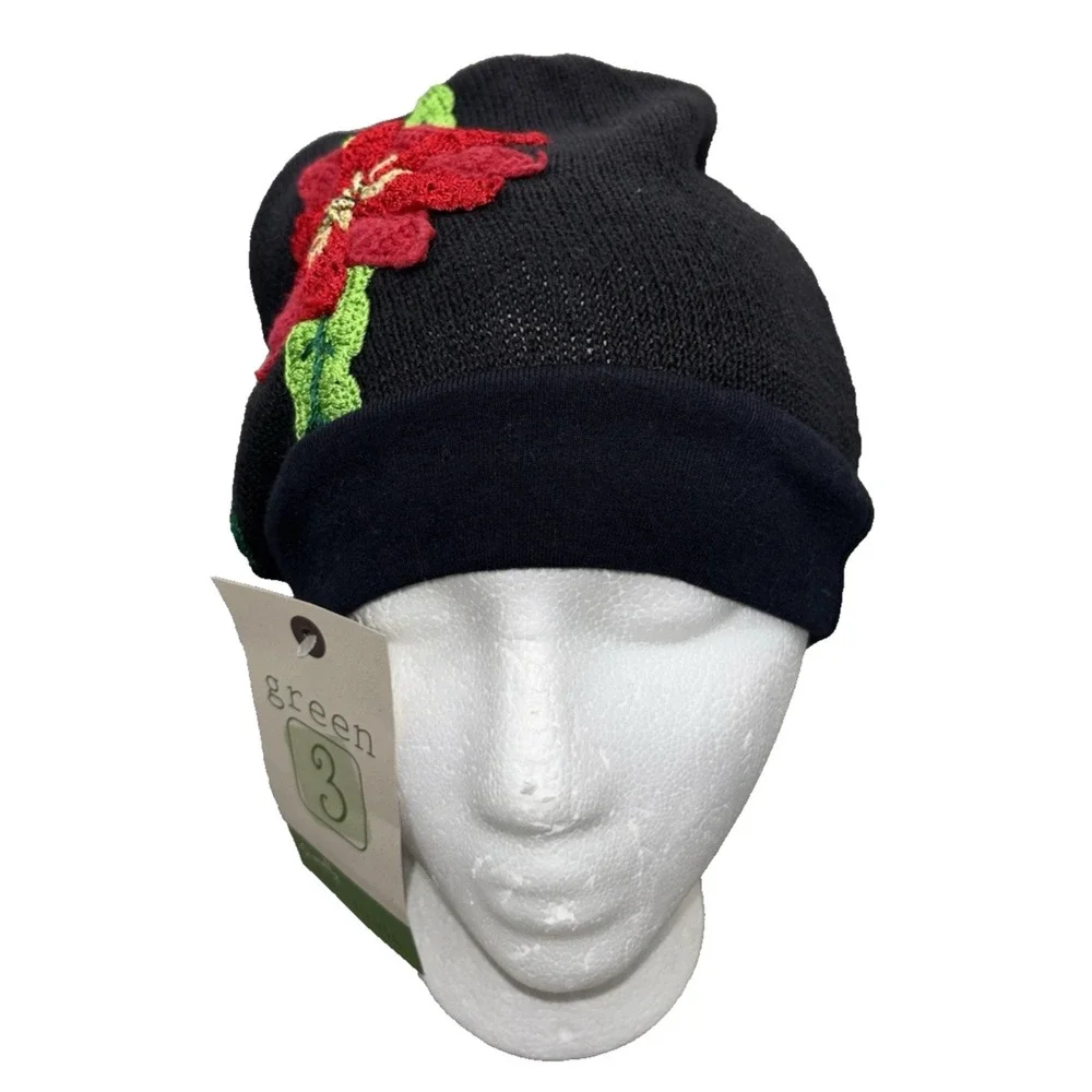 NEW Green 3 Poinsettia Knit Beanie Hat One Size Vintage Fabrics Christmas Winter